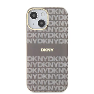 Beige dėklas telefonui Apple Iphone 14 DKNY su pasikartojančiu raštu ir Magsafe