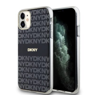 Juodas dėklas telefonui Apple Iphone 11 su DKNY raštu ir permatomu šoniniu rėmeliu