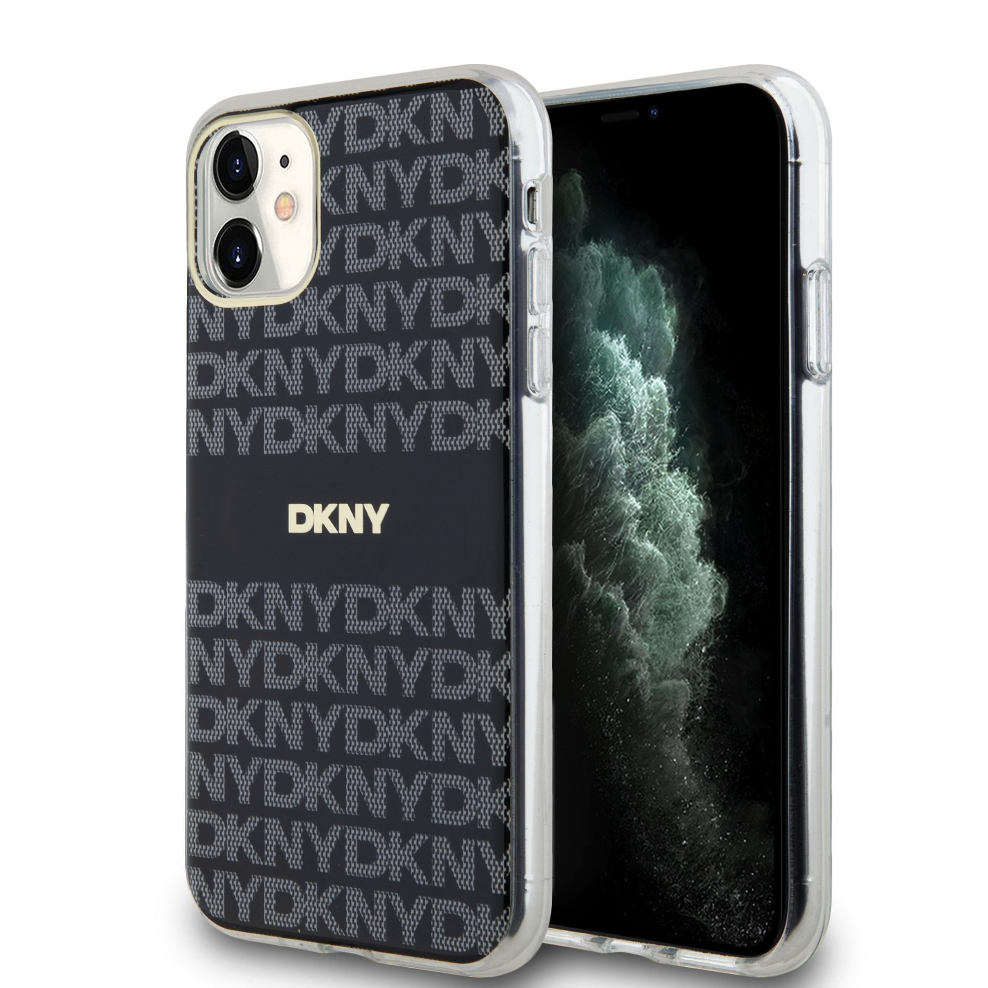Juodas dėklas Apple Iphone 11 DKNY Juodas dėklas telefonui Apple Iphone 11 su DKNY raštu ir permatomu šoniniu rėmeliu