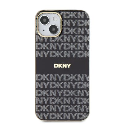 Juodas dėklas telefonui Apple Iphone 13 DKNY su melsvos ir pilkos spalvų logotipų raštu