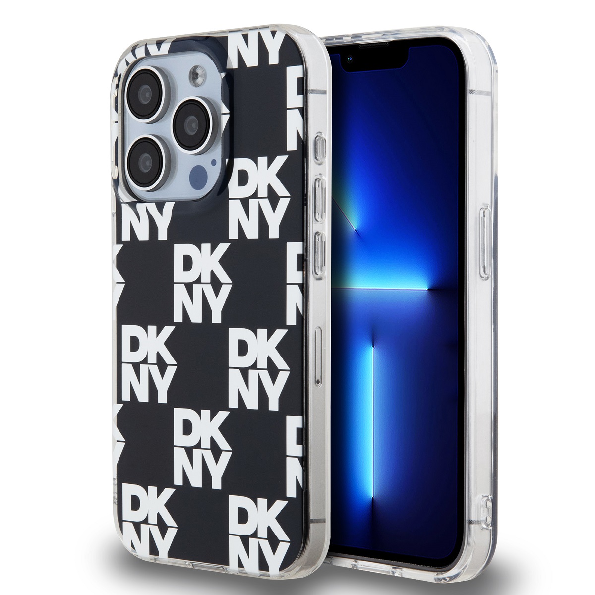 Juodas dėklas telefonui Apple Iphone 14 Pro DKNY PC TPU Checkered Pattern Juodas dėklas telefonui Apple Iphone 14 Pro su baltu DKNY logotipų raštu