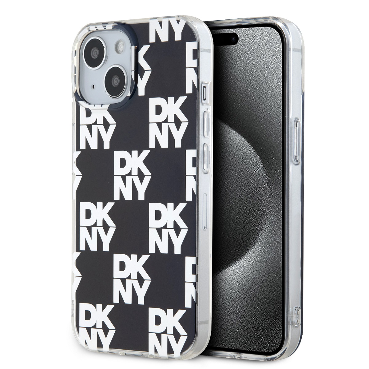 Juodas dėklas telefonui Apple Iphone 15 DKNY PC TPU Checkered Pattern Juodas dėklas telefonui Apple Iphone 15 su baltu DKNY raštu