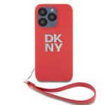 Raudonas dėklas DKNY PU Leather Stack Logo su riešo dirželiu Apple iPhone 14 Pro Max telefonui