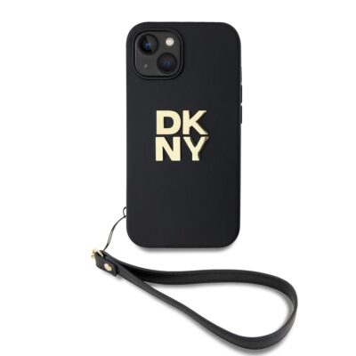 Juodas dėklas DKNY PU Leather Stack Logo Wrist Strap telefonui Apple iPhone 13 su auksiniu logotipu ir rankena