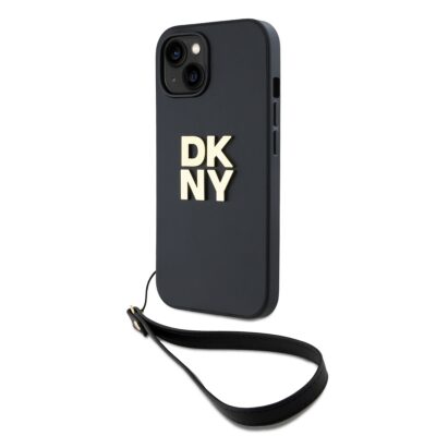 Juodas dėklas DKNY PU Leather Stack Logo su riešo dirželiu Apple iPhone 13 telefonui
