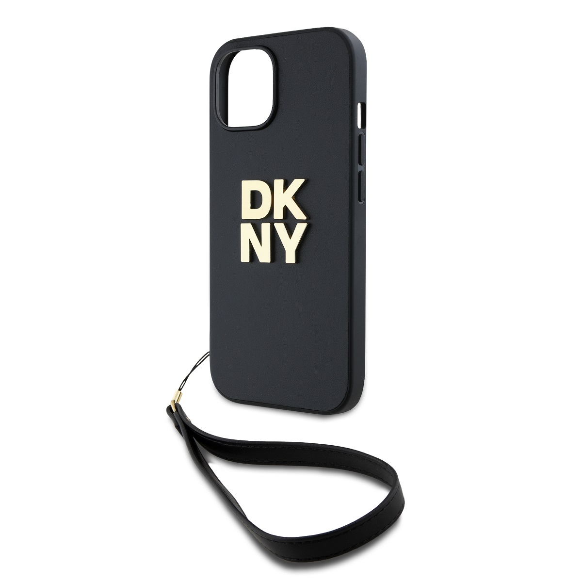Juodas dėklas DKNY PU Leather Stack Logo Wrist Strap iPhone 14 Juodas dėklas DKNY PU odos su dirželiu telefonui Apple iPhone 14