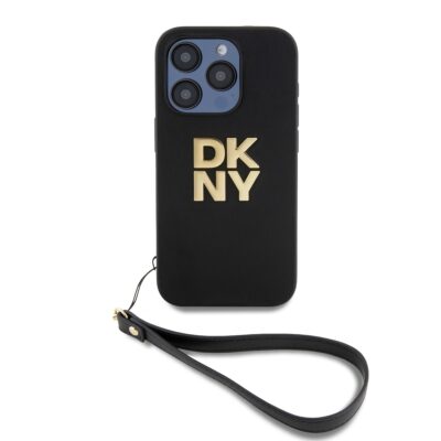 Juodas dėklas DKNY PU Leather Stack Logo wrist strap Apple iPhone 14 Pro Max telefonui matomas iš viršaus su auksiniu logotipu