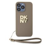 Beige dėklas DKNY PU Leather su auksiniu logotipu ir riešo dirželiu Apple iPhone 14 Pro Max telefonui