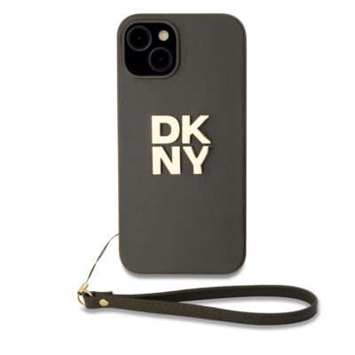Žalias dėklas DKNY PU Leather Stack Logo Wrist Strap telefonui Apple iPhone 13 su auksiniu DKNY logotipu ir riešo dirželiu