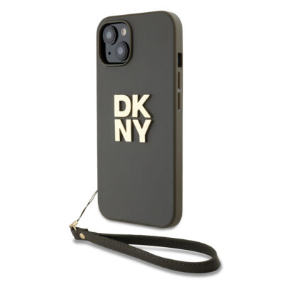 Žalias dėklas DKNY PU Leather Stack Logo Wrist Strap telefonui Apple iPhone 13 su dirželiu