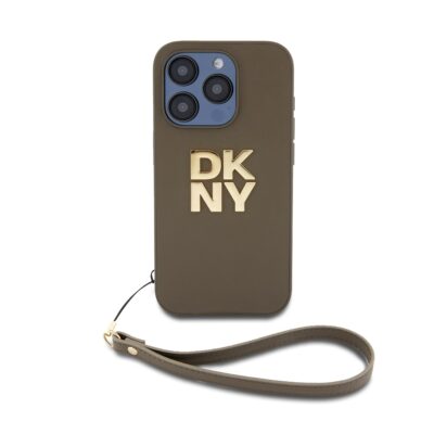 Žalias dėklas DKNY PU Leather Stack Logo Wrist Strap telefonui Apple iPhone 14 Pro Max su auksiniu logotipu ir riešo dirželiu