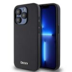 Juodas dėklas telefonui Apple Iphone 15 Pro Max DKNY PU Leather su sidabro metaliniu logotipu ir Magsafe