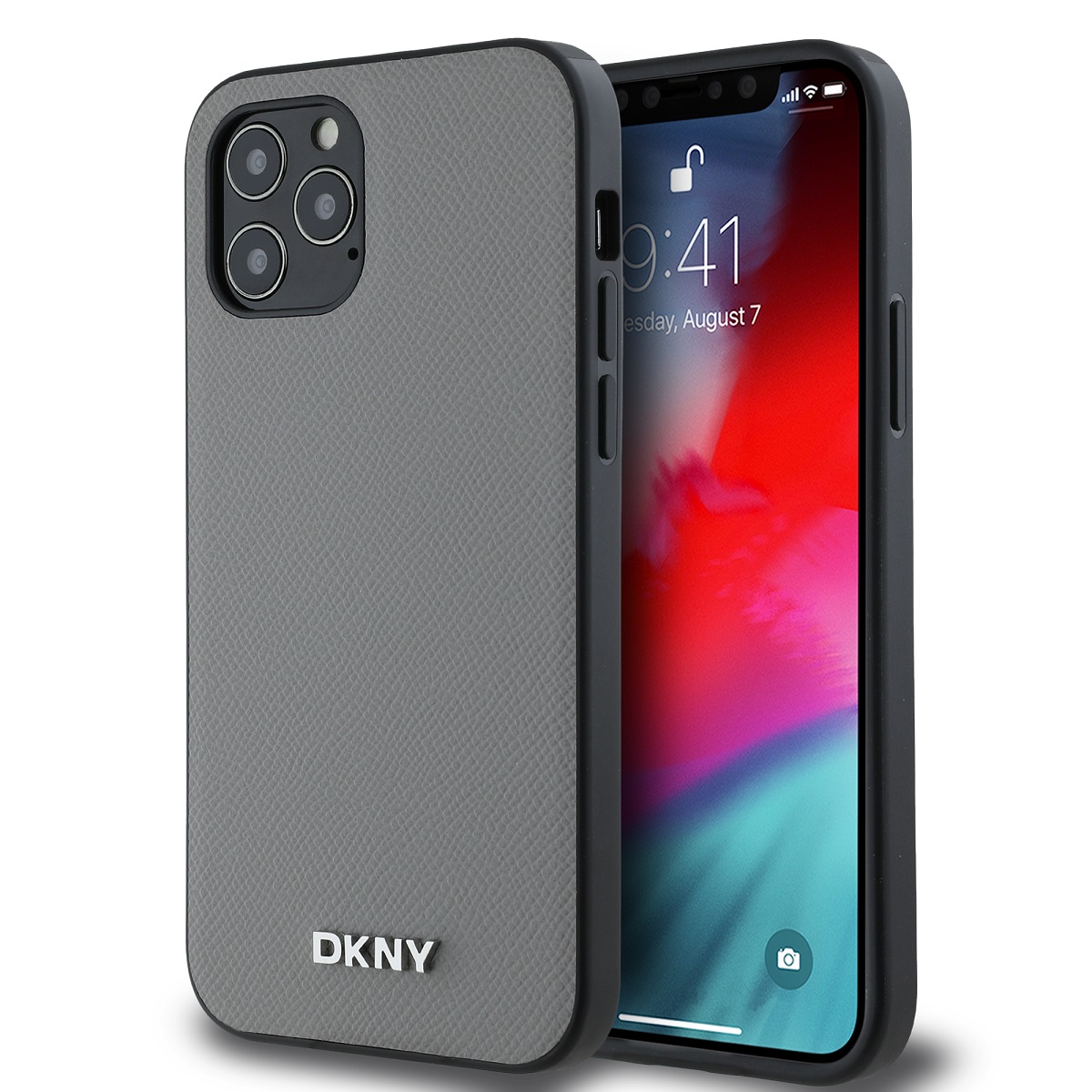 Pilkas dėklas Apple Iphone 12 DKNY PU Leather Pilkas dėklas telefonui Apple Iphone 12 su DKNY logotipu ir tekstūruota oda
