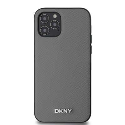 pilkas deklas telefonui apple iphone 12 12 pro su dkny odiniu pavirsiu ir sidabro metalo logotipu