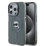 Juodas dėklas telefonui Apple Iphone 15 Pro Karl Lagerfeld IML Karl Head Metal Frame MagSafe