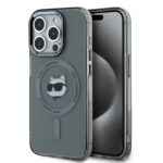 Juodas dėklas telefonui Apple Iphone 15 Pro su Karl Lagerfeld katės galvos dizainu ir metaliniu rėmeliu