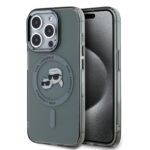 Juodas dėklas telefonui Apple Iphone 15 Pro Max su Karl Lagerfeld logotipu ir apsauga kamerai