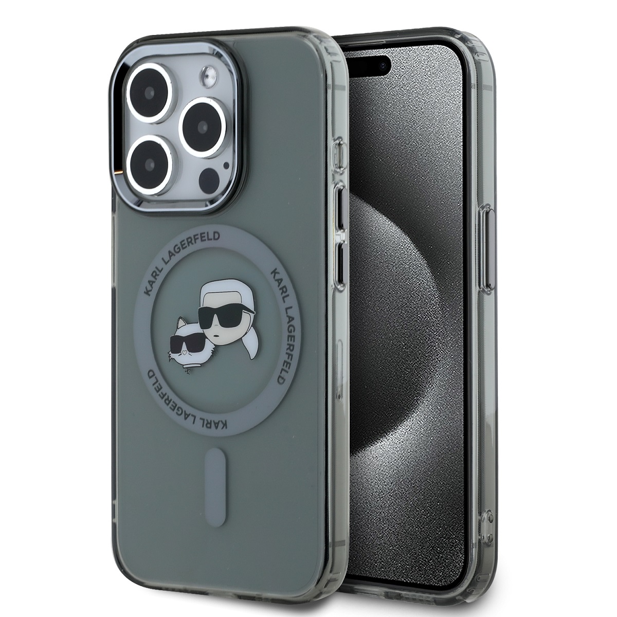Juodas dėklas Apple Iphone 15 Pro Max Karl Lagerfeld Juodas dėklas telefonui Apple Iphone 15 Pro Max su Karl Lagerfeld logotipu ir apsauga kamerai