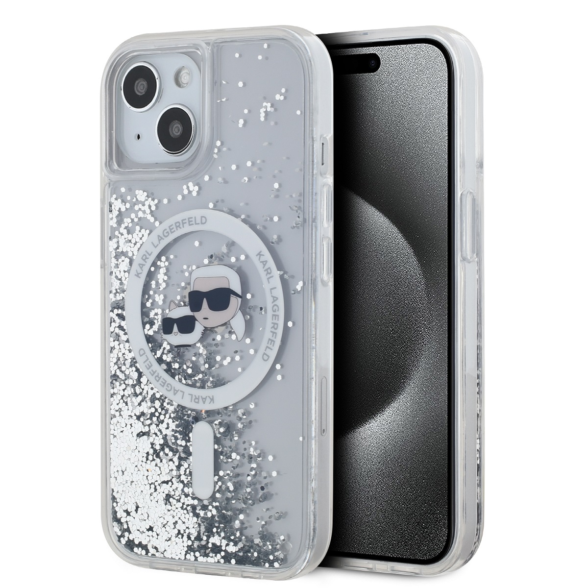 Skaidrus deklas Apple Iphone 15 Karl Lagerfeld Liquid Glitter Skaidrus deklas Apple Iphone 15 su Karl Lagerfeld Liquid Glitter Karl ir Choupette Heads MagSafe dizainu