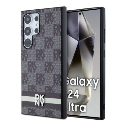 Juodas dėklas telefonui Samsung Galaxy S24 Ultra su DKNY PU odos languotu raštu ir dryžiu