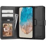 Juodas atverčiamas dėklas Samsung Galaxy M35 5G Tech-Protect Wallet su kortelių lizdais ir telefono ekranu