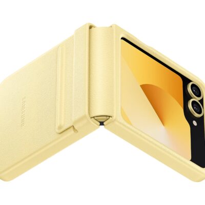 Geltonas originalus dėklas EF-VF741PYE KindSuit Cover telefonui Samsung Galaxy Z Flip 6 su lankstymu ir kamerų apsauga