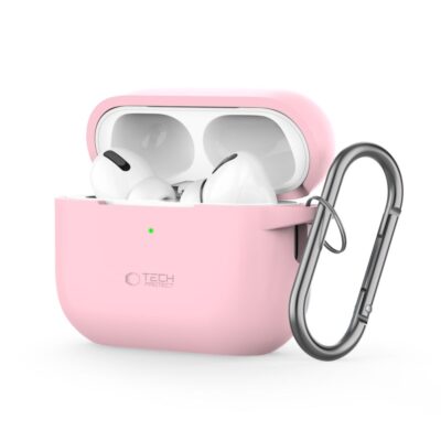 Rožinis dėklas Apple Airpods Pro 1 2 Tech-Protect Silicone Hook su sidabro spalvos karabinu