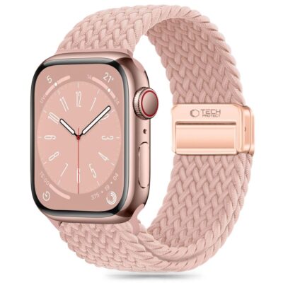 Dusty rose apyrankė Apple Watch su nerijimo stiliaus nailoniniu dirželiu
