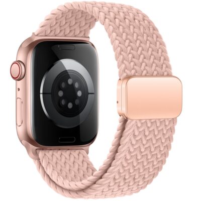 Dusty rose apyrankė Apple Watch 4 5 6 7 8 9 SE su pynimo nailonine tekstura ir metaline sagtimi