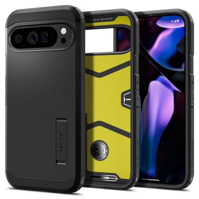 Juodas dėklas Google Pixel 9 Pro XL Spigen Tough Armor su matiniu paviršiumi ir rašiklio laikikliu