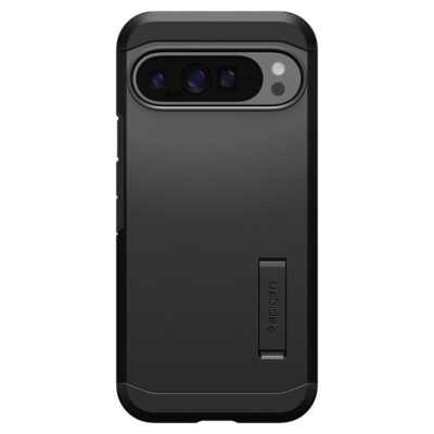 Juodas dėklas Google Pixel 9 Pro XL Spigen Tough Armor su matiniu paviršiumi ir ištraukiamu stovu