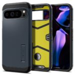 Metalo spalvos dėklas Google Pixel 9 Pro XL Spigen Tough Armor su geltonu vidumi ir tamsiu korpusu