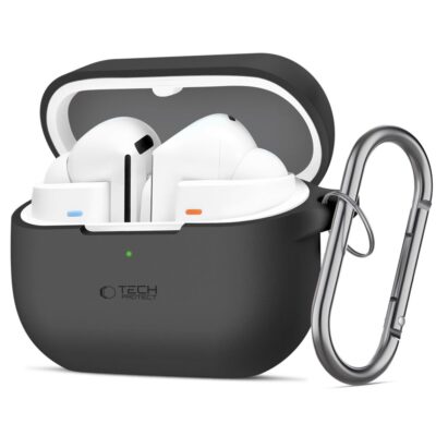 Juodas dėklas Samsung Galaxy Buds 3 su metaliniu kabliuku Tech-Protect Silicone Hook