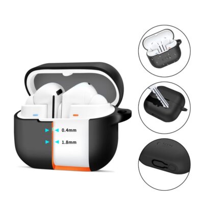 Juodas dėklas Samsung Galaxy Buds 3 ir 3 Pro ausinėms su silikoniniu užsegimu ir apsauga nuo smūgių