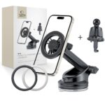 Juodas telefono laikiklis TECH-PROTECT N56 MAGNETIC MAGSAFE DASHBOARD & VENT, skirtas automobilio prietaisų skydeliui ir ventiliatoriui