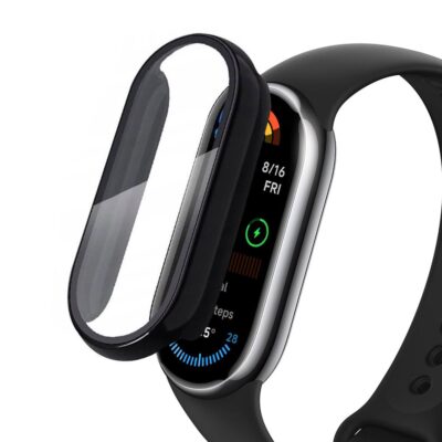Juodas dėklas Xiaomi Smart Band 9 Tech-Protect Defense 360 ant apyrankės ekranas matomas