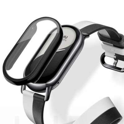 Juodas dėklas Xiaomi Smart Band 9 Defense 360 aplink pilką ir juodą laikrodžio dirželį