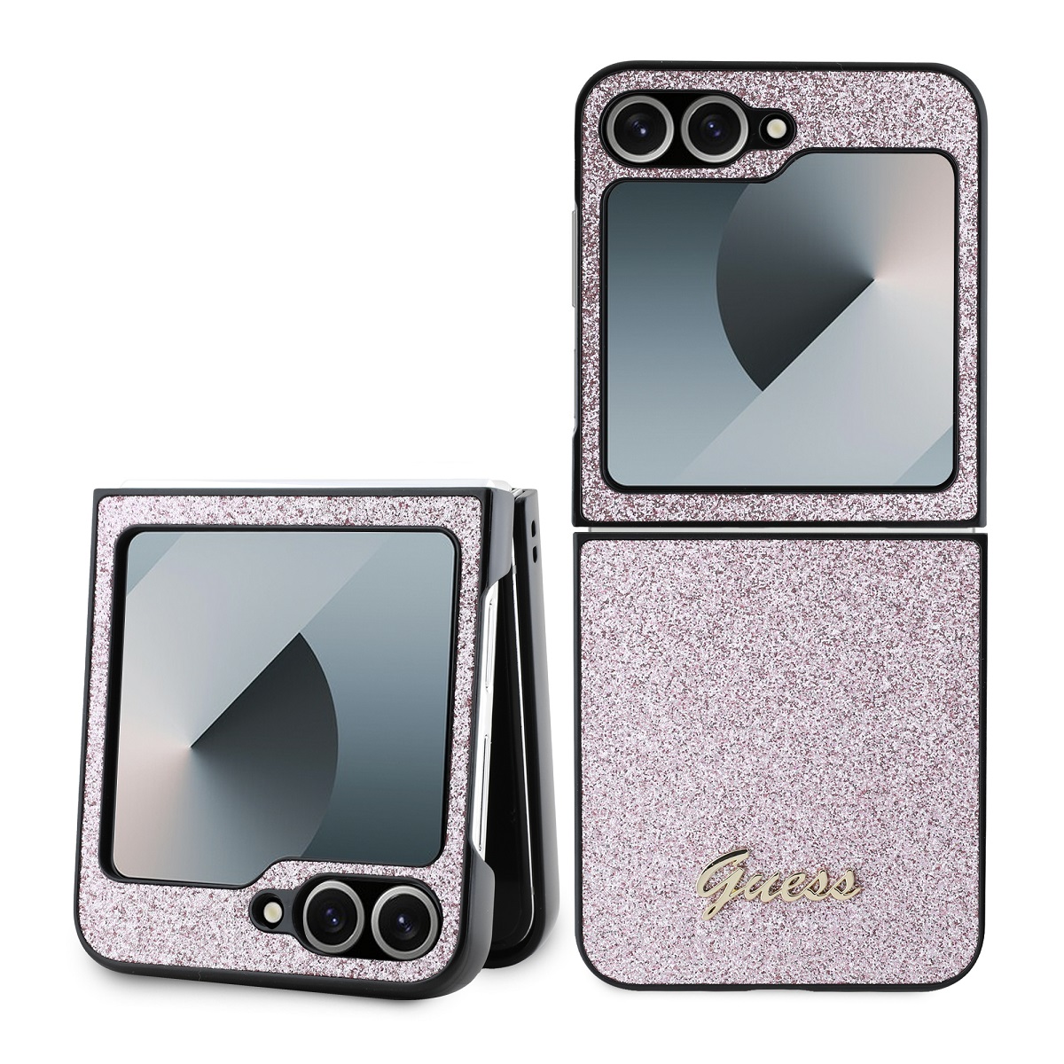 Rožinis blizgantis dėklas Guess Samsung Galaxy Z Flip 6 Rožinis blizgantis originalus dėklas Guess PC TPU Galaxy Z Flip 6 su rudomis detalėmis