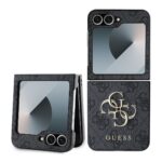 Pilkas originalus dėklas Guess PU 4G Metal Logo telefonui Samsung Galaxy Z Flip 6 su metaliniu logotipu