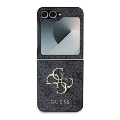 Pilkas originalus deklas Guess PU 4G Metal Logo telefonui Samsung Galaxy Z Flip 6 su tamsiai pilku strukturuotu pavirsiumi ir metaliniu logotipu