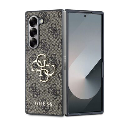 Rudas originalus dėklas Guess PU 4G Metal Logo telefonui Samsung Galaxy Z Fold 6 su tamsiai ruda tekstūra ir metaliniu logotipu