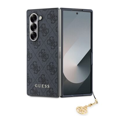 Pilkas originalus dėklas Guess 4G Charms telefonui Samsung Galaxy Z Fold 6 su aukso spalvos ženkliuku