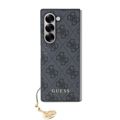 Pilkas originalus dėklas Guess 4G Charms telefonui Samsung Galaxy Z Fold 6 su raštu ir auksiniu papuošalu