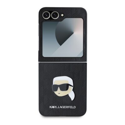 Juodas originalus dėklas Karl Lagerfeld PU Saffiano Monogram Karl Head Case telefonui Samsung Galaxy Z Flip 6 su reljefiniu monograma ir Karl Lagerfeld atvaizdu