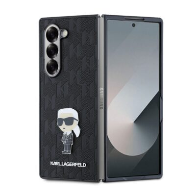 Juodas dėklas Karl Lagerfeld PU Saffiano Monogram Ikonik telefonui Samsung Galaxy Z Fold 6 su trimis kameromis ir ikona