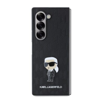 Juodas dėklas Karl Lagerfeld PU Saffiano Monogram Ikonik telefonui Samsung Galaxy Z Fold 6 su švelniu monogramos raštu ir Karl Lagerfeld personažu