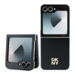 Juodas dėklas telefonui Samsung Galaxy Z Flip 6 DKNY PU Leather su auksiniu logotipu