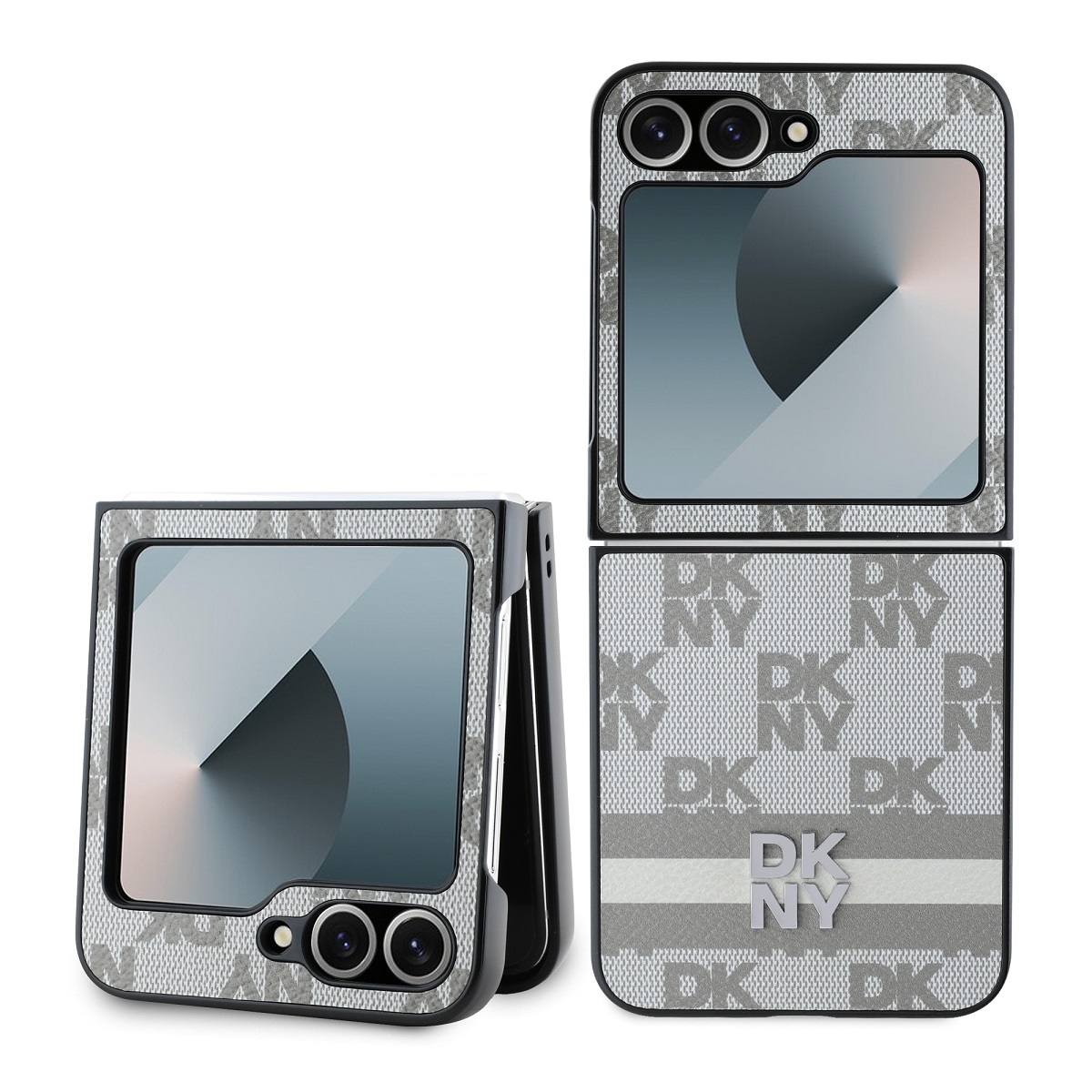 Beige deklas telefonui Samsung Galaxy Z Flip 6 DKNY PU Leather Checkered Pattern and Stripe Beige deklas telefonui Samsung Galaxy Z Flip 6 su DKNY odos languotu ir dryzuotu dizainu