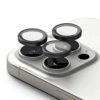 Juodas apsauginis kameros stikliukas Apple iPhone 16 Pro su apsauga ant telefono kamerų objektyvų