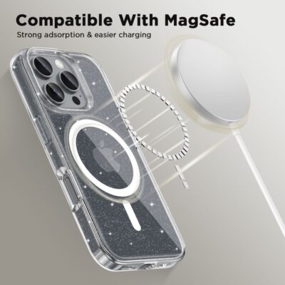 Skaidrus blizgantis dėklas Apple Iphone 16 Pro Max su MagSafe suderinamu žiedu